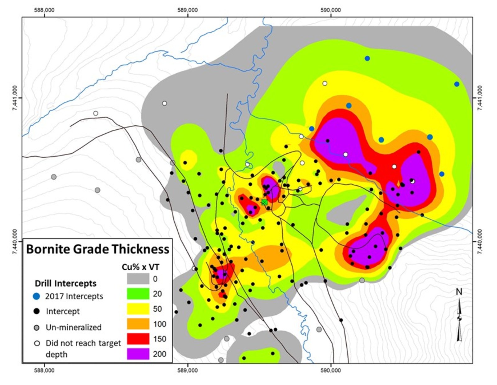 Figure 2. Grade-Thickness Map Incorporating Results from 2017 and 2018 Drilling Programs