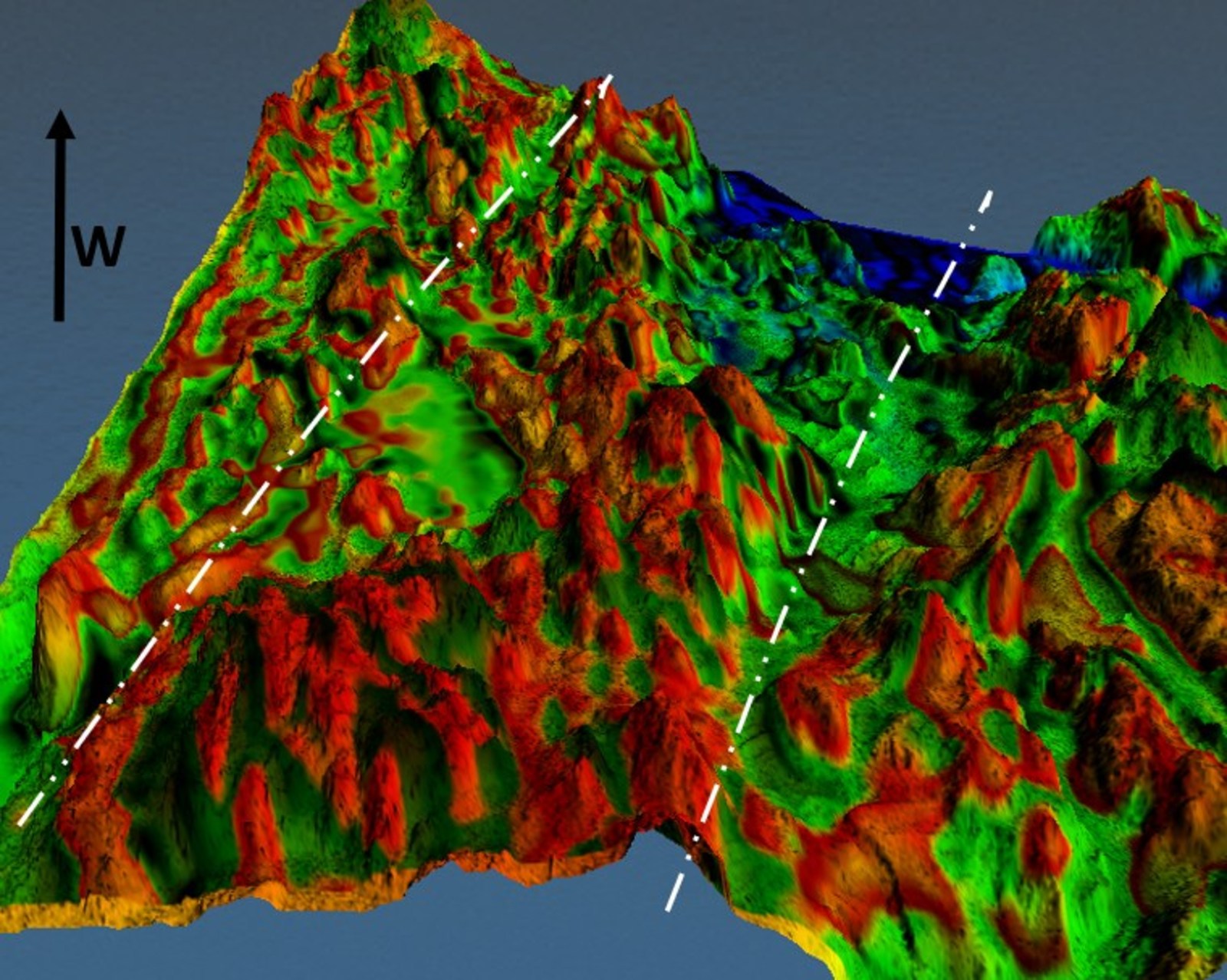 Figure 4. 3d view of Figure 2, looking west, along the regional structural fabric. As in Figure 3, the map is generated by combining a 3m resample of 1m Lidar elevation map with a first vertical derivative map of the total magnetic intensity. In the resulting map, the red areas are more magnetically chaotic and correlate highly with higher terrain elevations.
