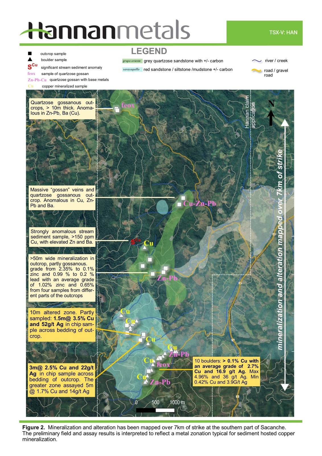 Figure 2. Mineralization and alteration has been mapped over 7km of strike at the southern part of Sacanche. The preliminary field and assay results is interpreted to reflect a metal zonation typical for sediment hosted copper mineralization.