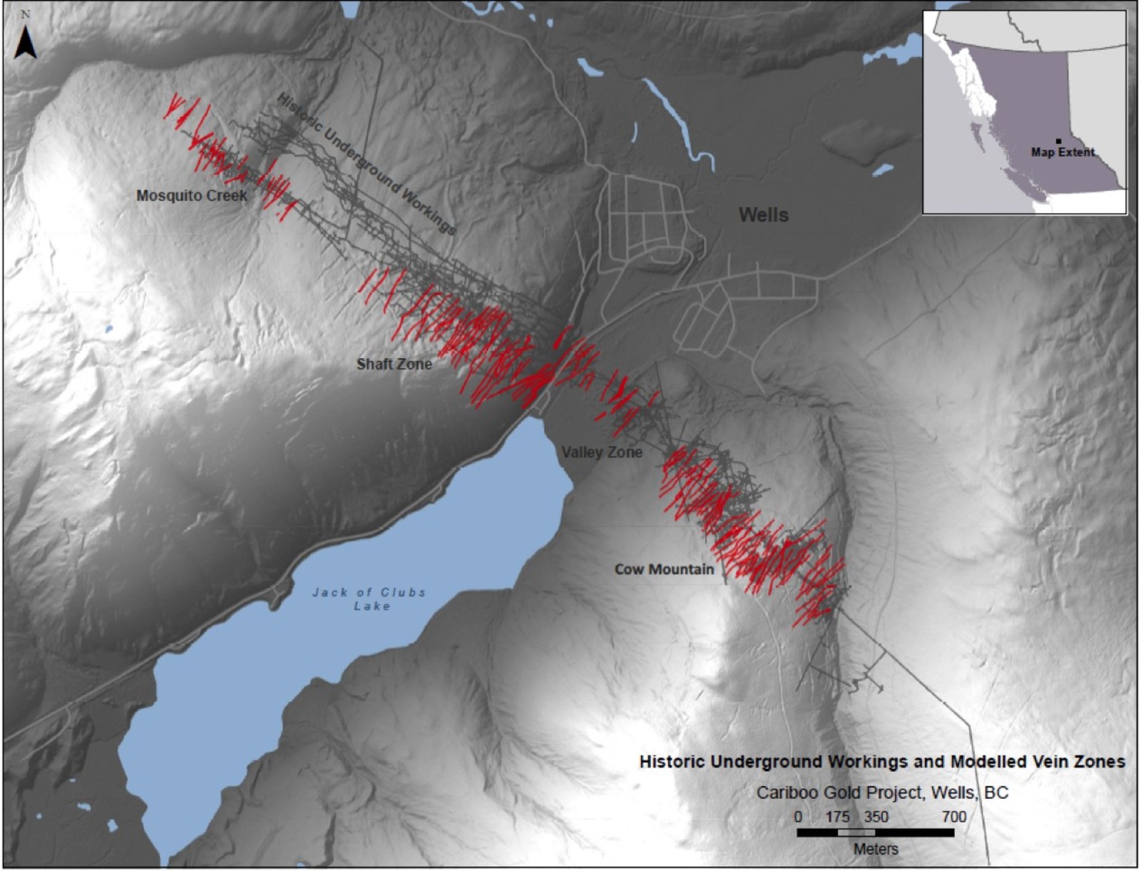 Historic Underground Workings and Modelled Vein Zones - Cariboo Gold Project