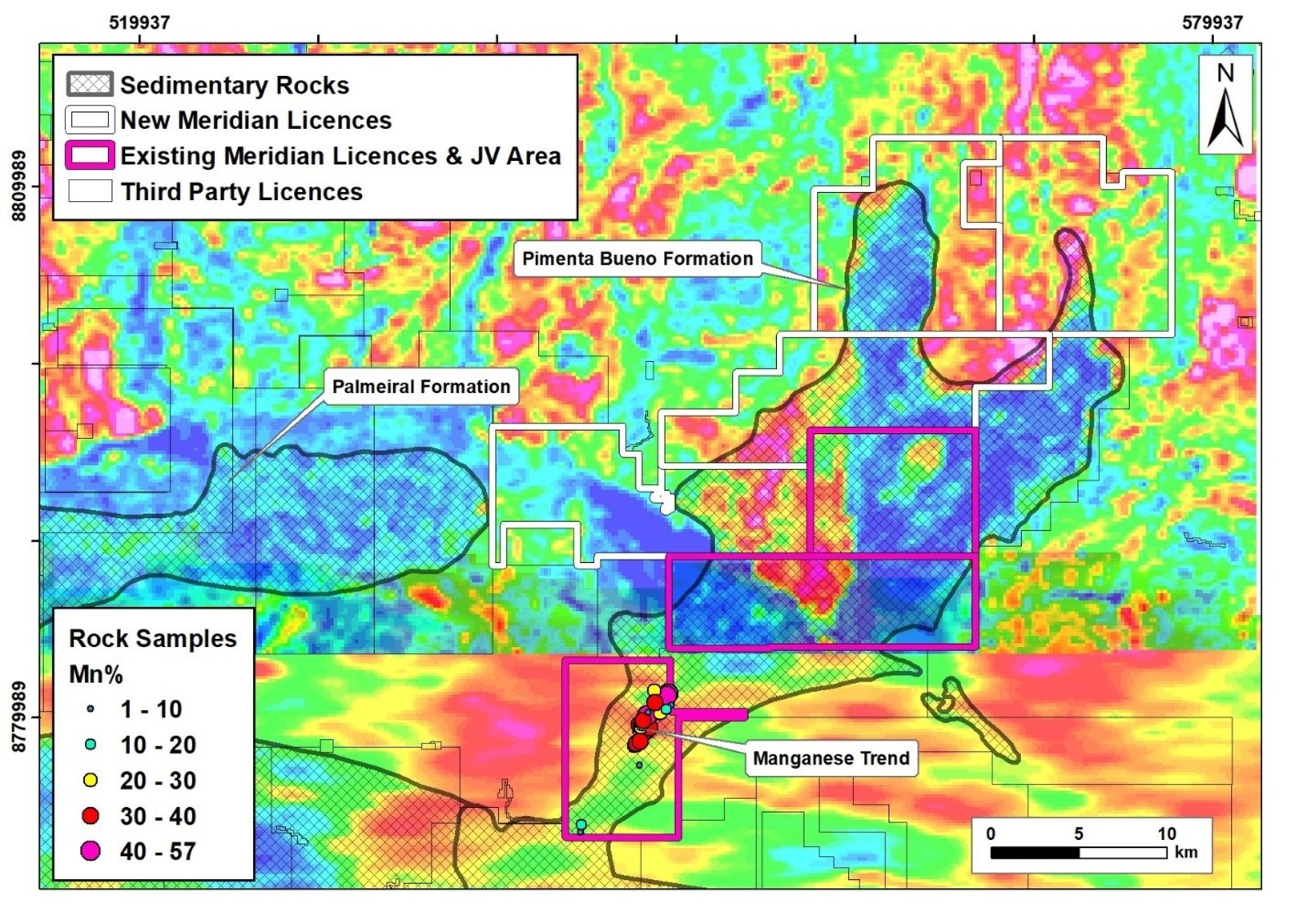 Fig. 2: New and established licence areas for the Mirante da Serra Project, superimposed on Total Count radiometric imagery. Outlines of basin limits mapped by the CPRM are shown in stippled.