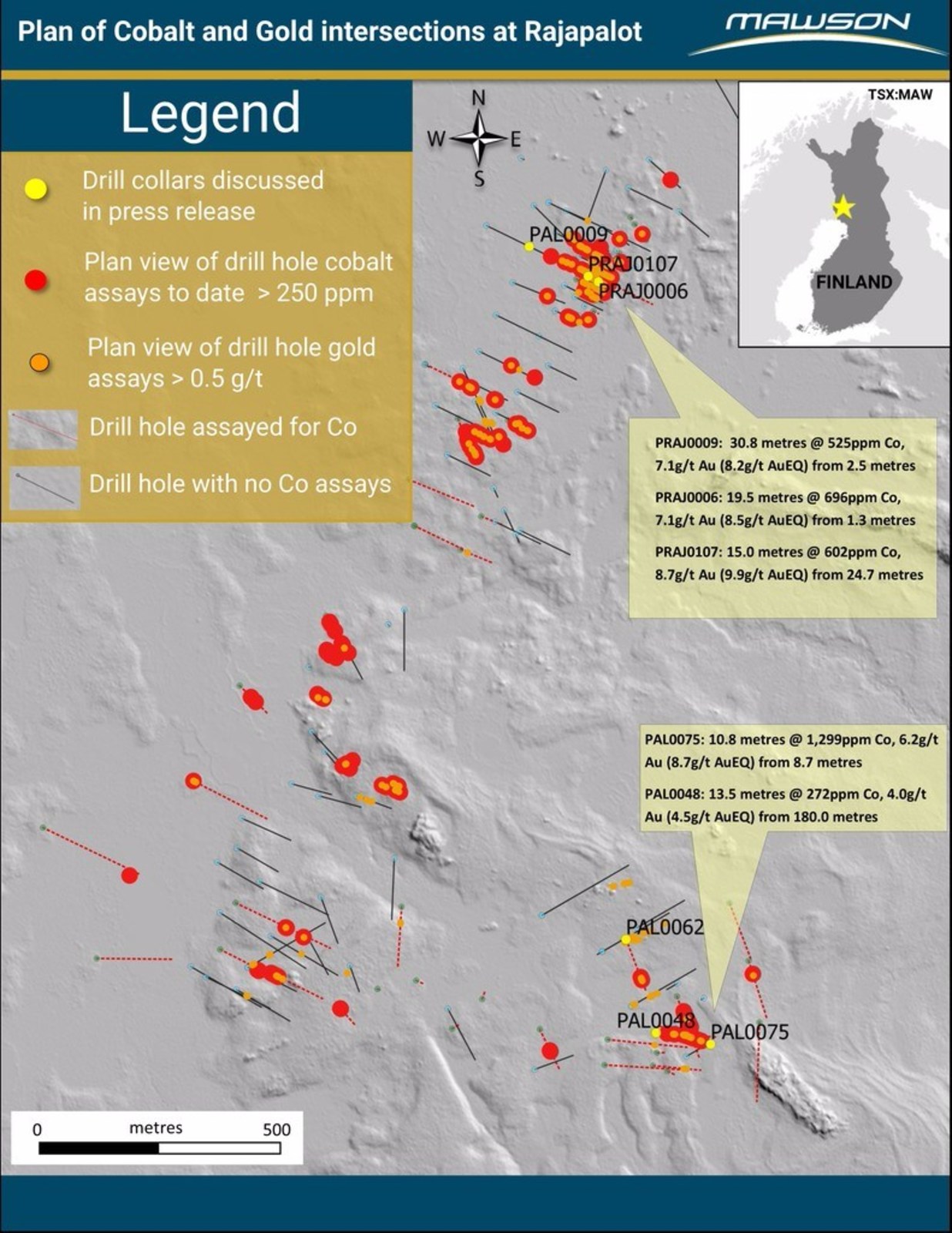 Figure 1: Plan of cobalt and gold intersections in drill core at Rajapalot.  Note <50% of drillholes assayed to date for cobalt.