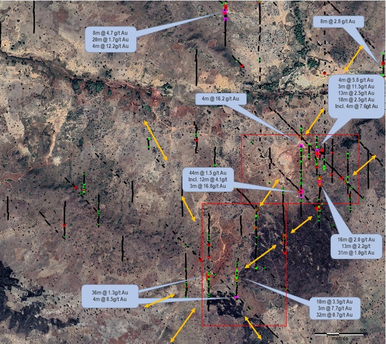 Figure 2: Showing satellite image of Main K4-K5 artisanal workings (outlined white) and location of 100x25m & 25x25m auger drill grids (red boxes) and historic drill holes >0.5g/t intercepts green, >1.0g/t intercepts red, >5g/t Au intercepts purple. Selected mineralised intercepts in call-outs. 
Potentially mineralised structures shown as yellow arrowed dashes.
Note the NNE alignment of the southern artisanal working subject to detailed sampling and the elongation of the southern end into a SE-NW orientation potentially indicative of cross-cutting mineralised structures. 
NB strike of main two artisanal workings which are substantively undrilled is 1,800m along the NNE axis. (CNW Group/Tajiri Resources Corp.)