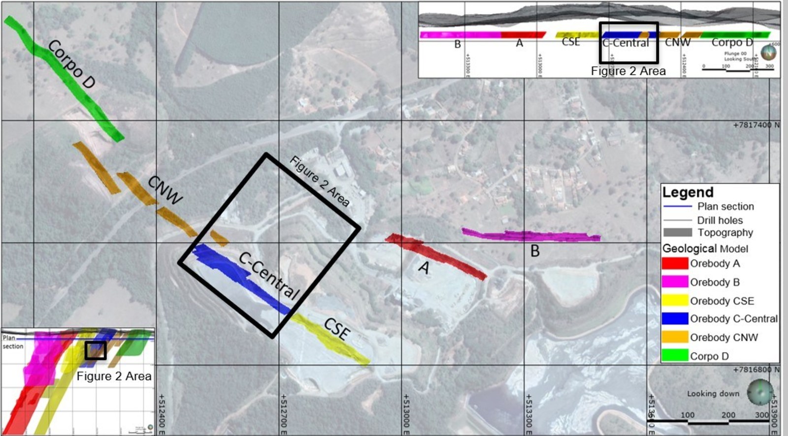 Figure 1. Turmalina Gold Mine – Plan View Projection of Orebodies A, B, C-SE, C-Central, C-NW and D.