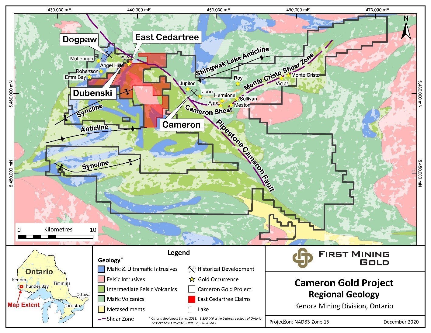 Plan map showing the regional geology of the Cameron Gold Project (CNW Group/First Mining Gold Corp.)
