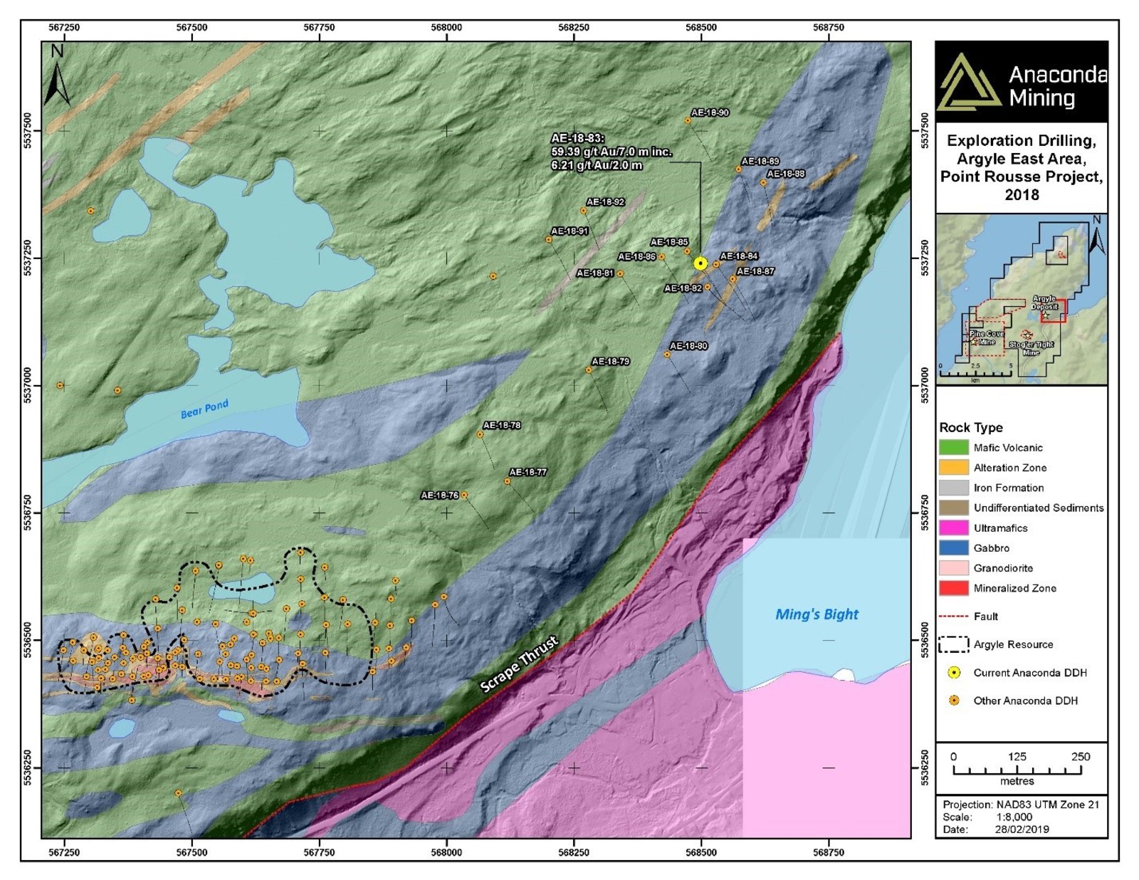 Exhibit A. A geological map of the Argyle area showing the deposit and the location of recent drilling during the Argyle Exploration Program and the Argyle Infill Program. Hole AE-18-83 which contained two intersections of high-grade visible gold is shown to the northeast of the Argyle Deposit.