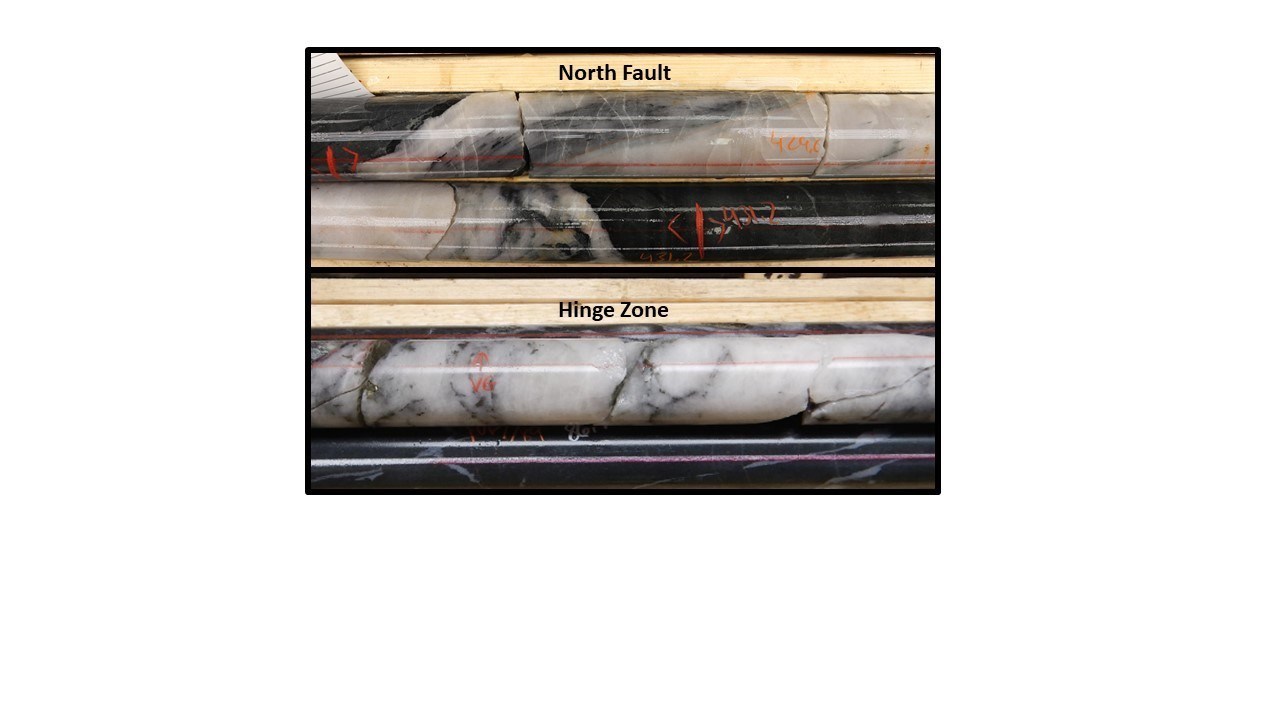 Figure 6: Gold-bearing quartz veins in mafic host rocks discovered at the North Fault drill target (Top), and gold-bearing quartz veins in mafic host rocks in the Hinge Zone (Bottom).  The photos are of selected intervals and are not representative of the mineralization hosted on the property. (CNW Group/Great Bear Resources Ltd.)