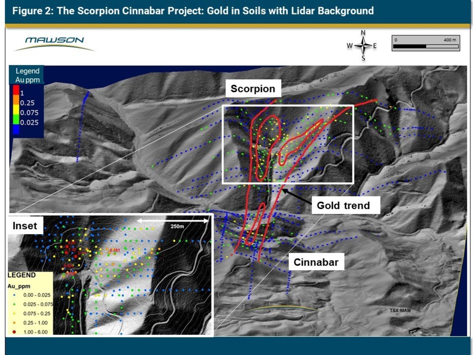 Figure 2: The Scorpion Cinnabar Project: Gold in Soils with Lidar Background