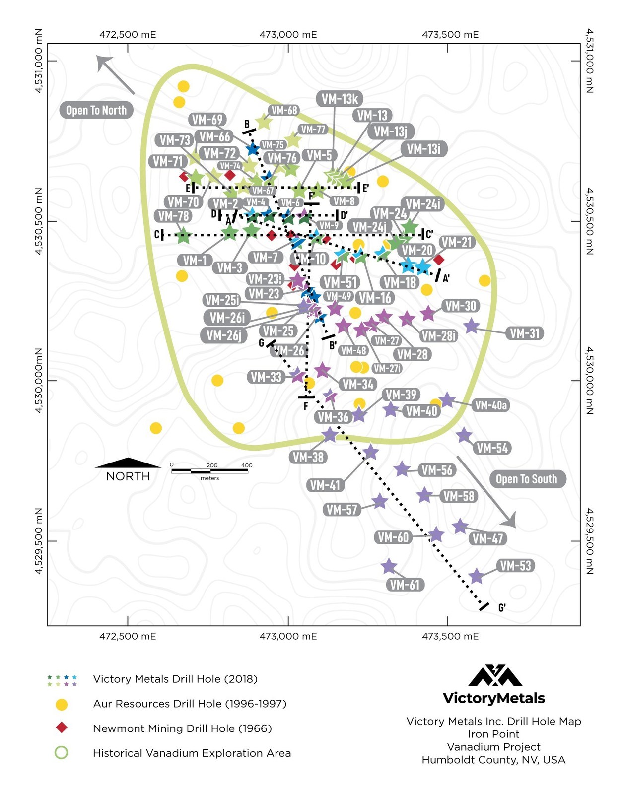 Figure 1: Victory’s fifth set of confirmation RC drill holes shown by purple stars extending beyond the historically mineralized zone, in relation to first release drilling, second release drilling, third release drilling, fourth release drilling, as well as historical Newmont and Aur Resource Inc. drill holes.
