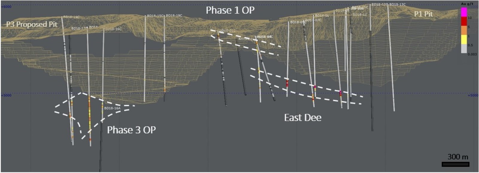 Figure 1: Longitudinal looking North presenting all the 2018 drillholes. Grade in g/t Au.