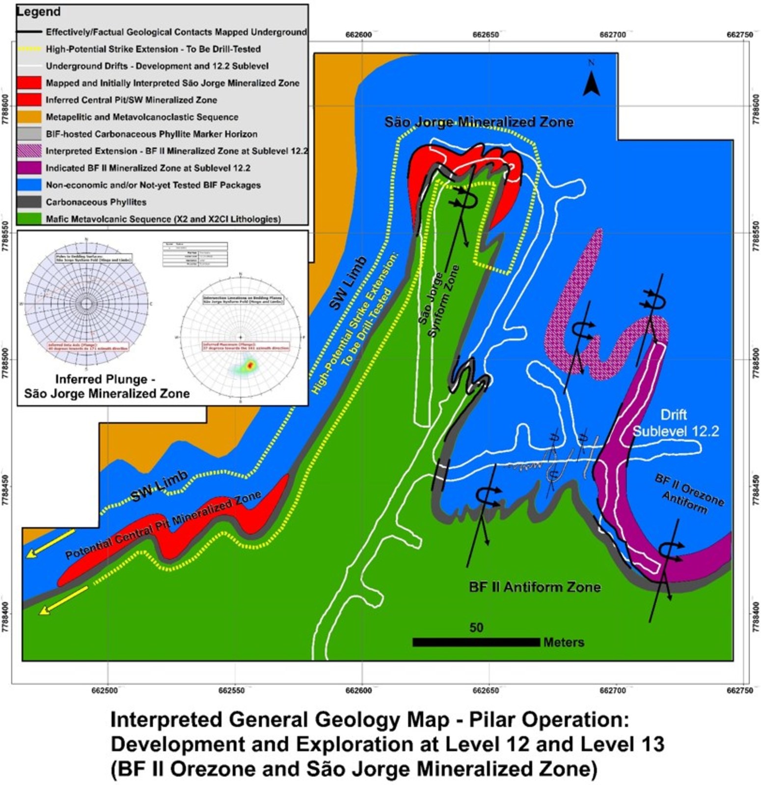 Figure 3. Plan View showing the location of the Sao Jorge Syncline at Pilar Mine relative to the SW trend, the BF2, BF and BA orebodies and current mine operational areas on levels 12- 13.