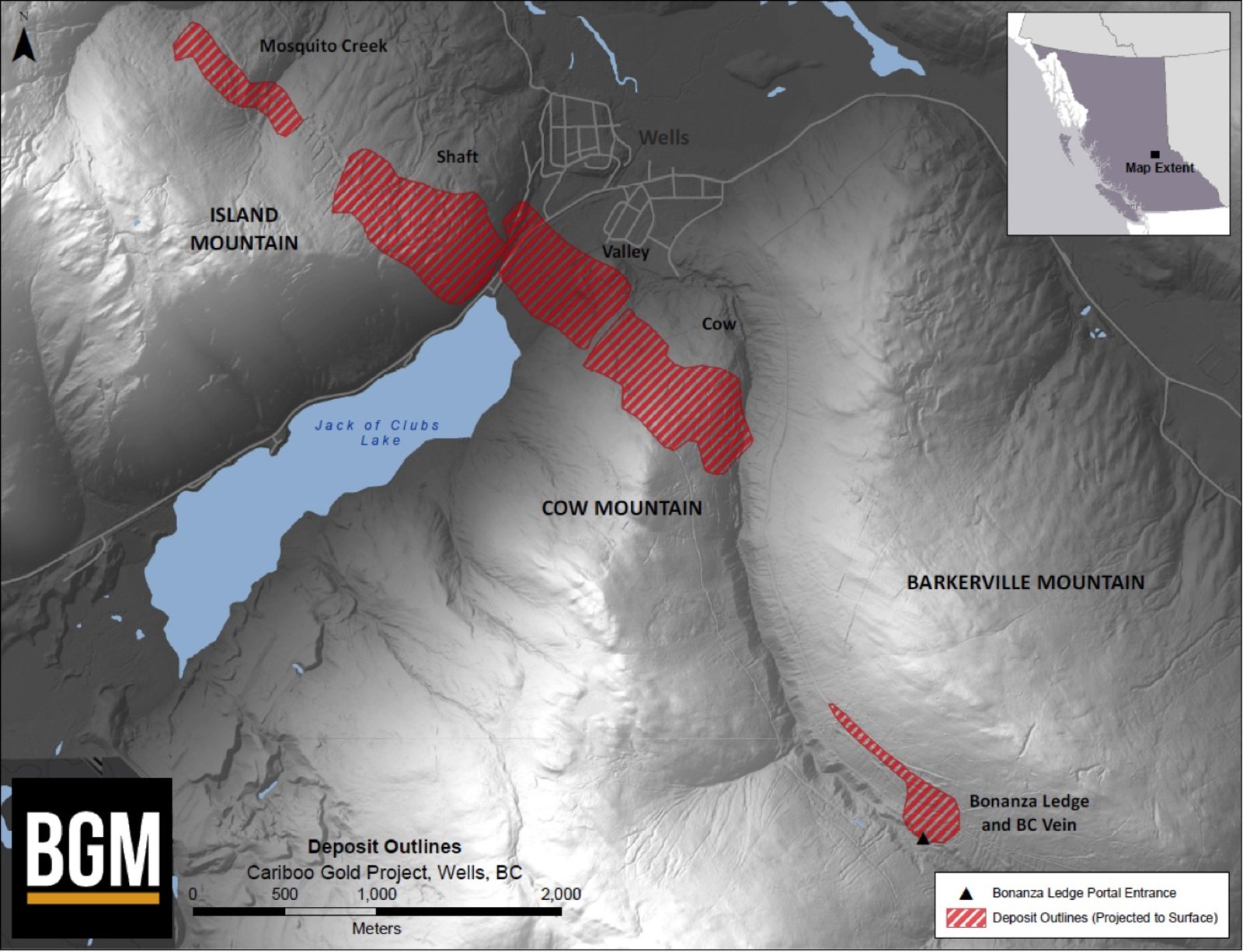 Figure 1: Plan Map Showing Modelled Vein Corridors on Island and Cow Mountains