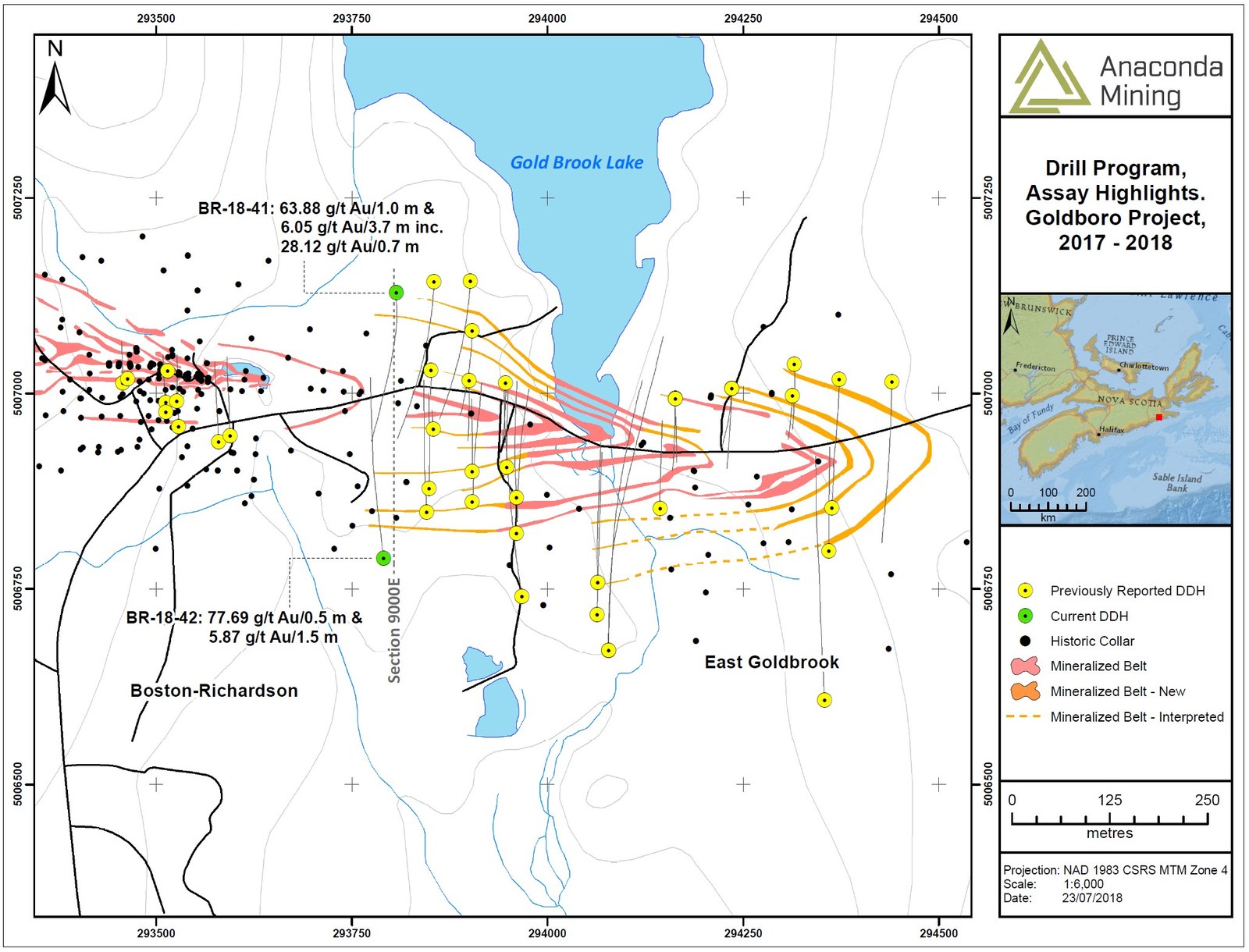 Exhibit A. A map showing the location of section 9000E as well as associated drill collars and select assay highlights from recent drilling.