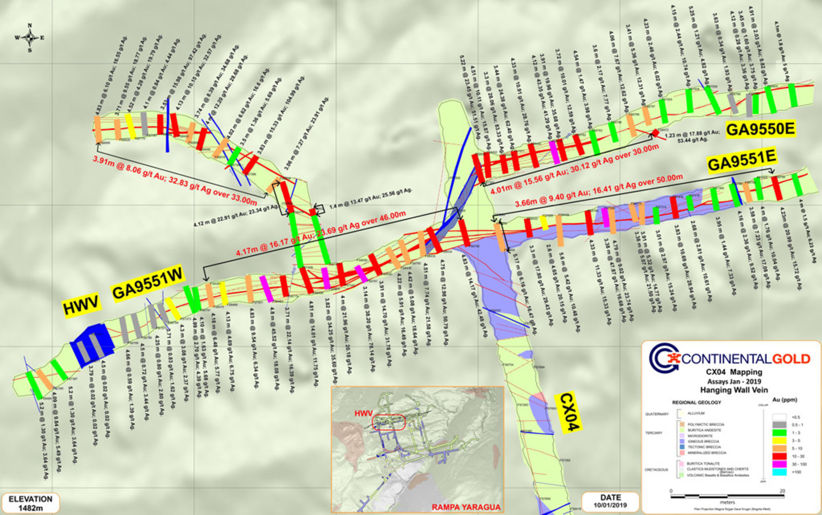 Figure 4 –  Plan view of Drift Sampling Results Along the HW, San Antonio and NWSE Veins