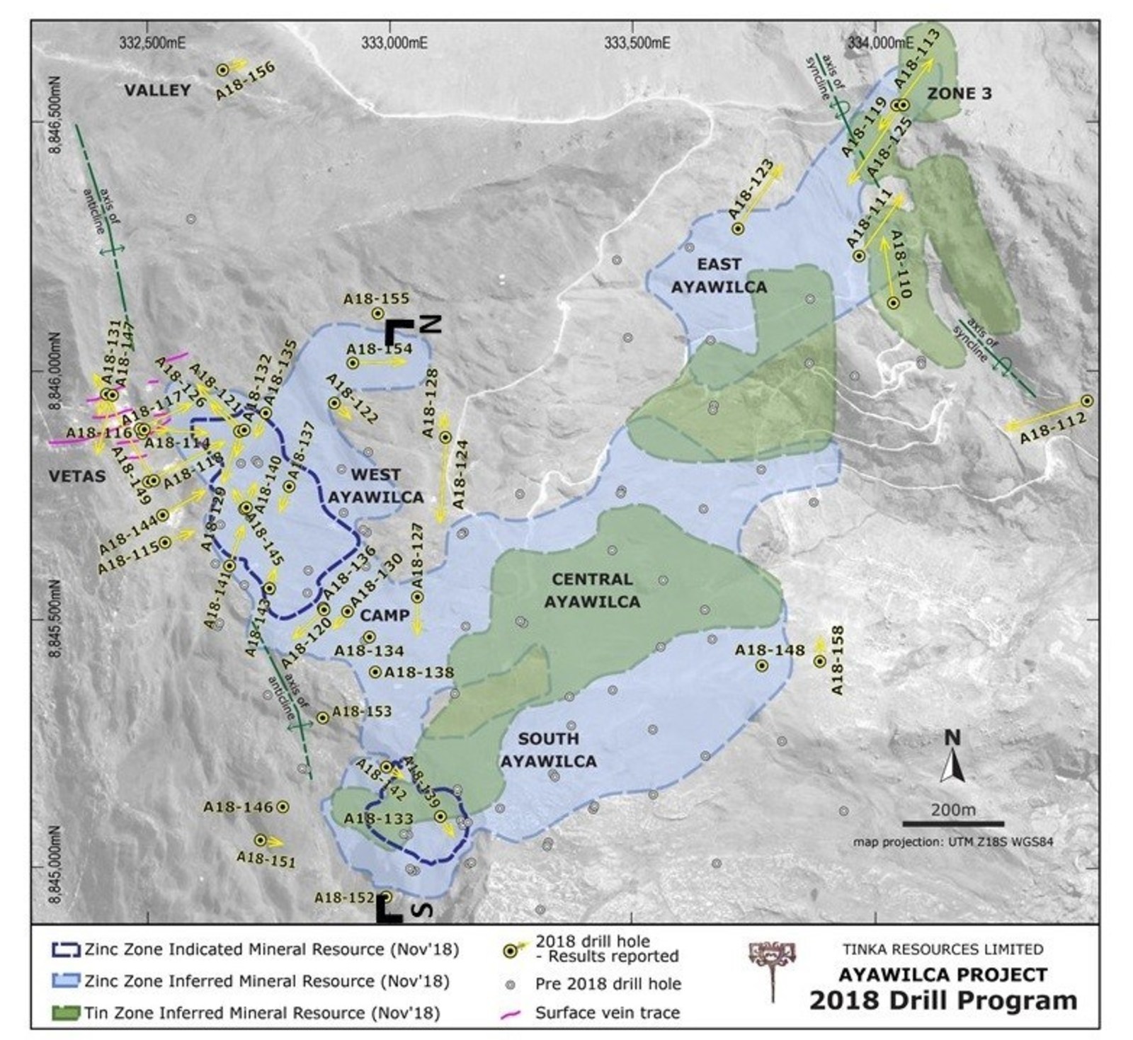 Figure 2. Map of the Ayawilca project showing all drill holes to date
