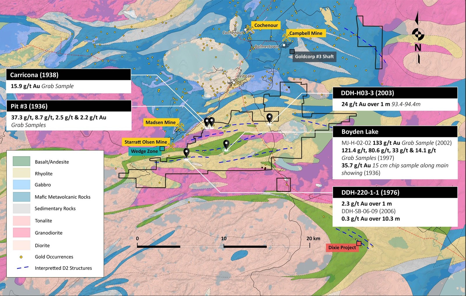 Figure 1. Geological map of the Pacton Gold’s Red Lake property showing locations of historical gold values.