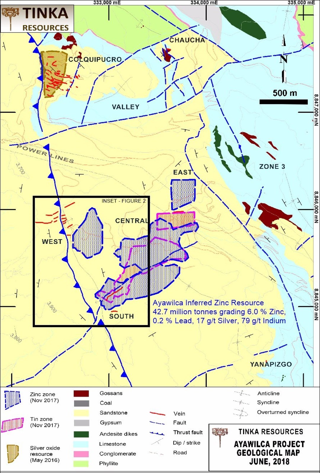 Figure 3.  Geological Map of Ayawilca showing footprint of zinc and tin resources