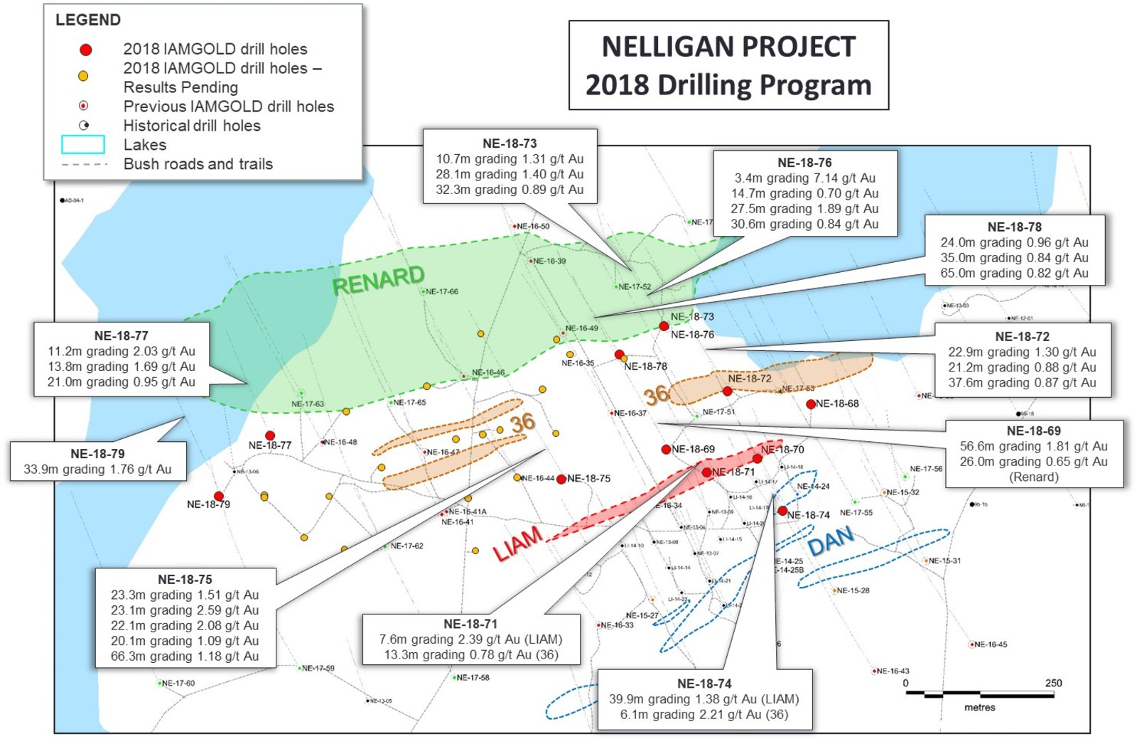 Figure 1: Nelligan drill hole plan map and highlighted 2018 assay results.