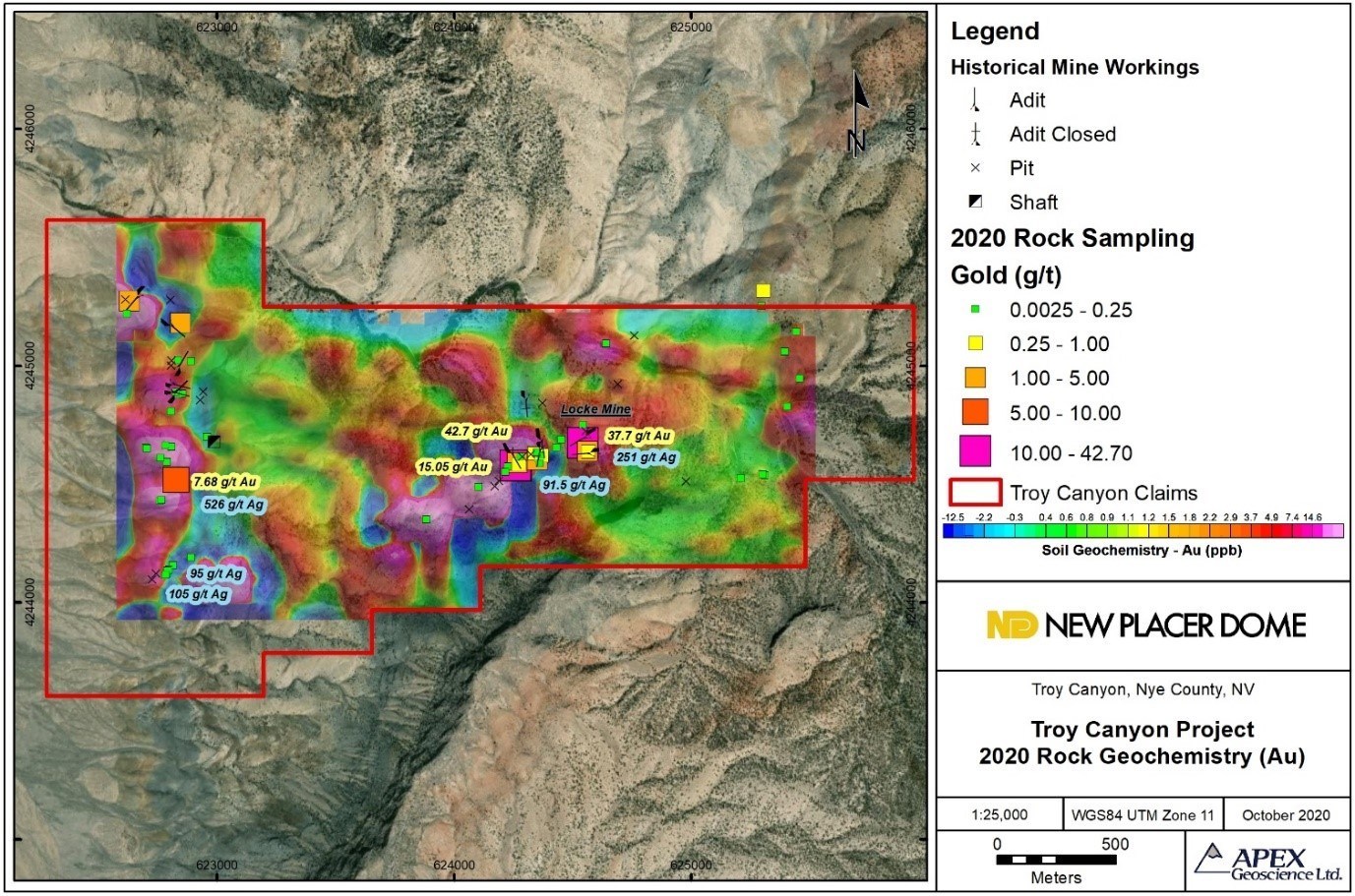 Figure 2. Troy Canyon 2020 Rock Grad Sample Results (Showing Gold Soil Geochemistry) (CNW Group/New Placer Dome Gold Corp.)