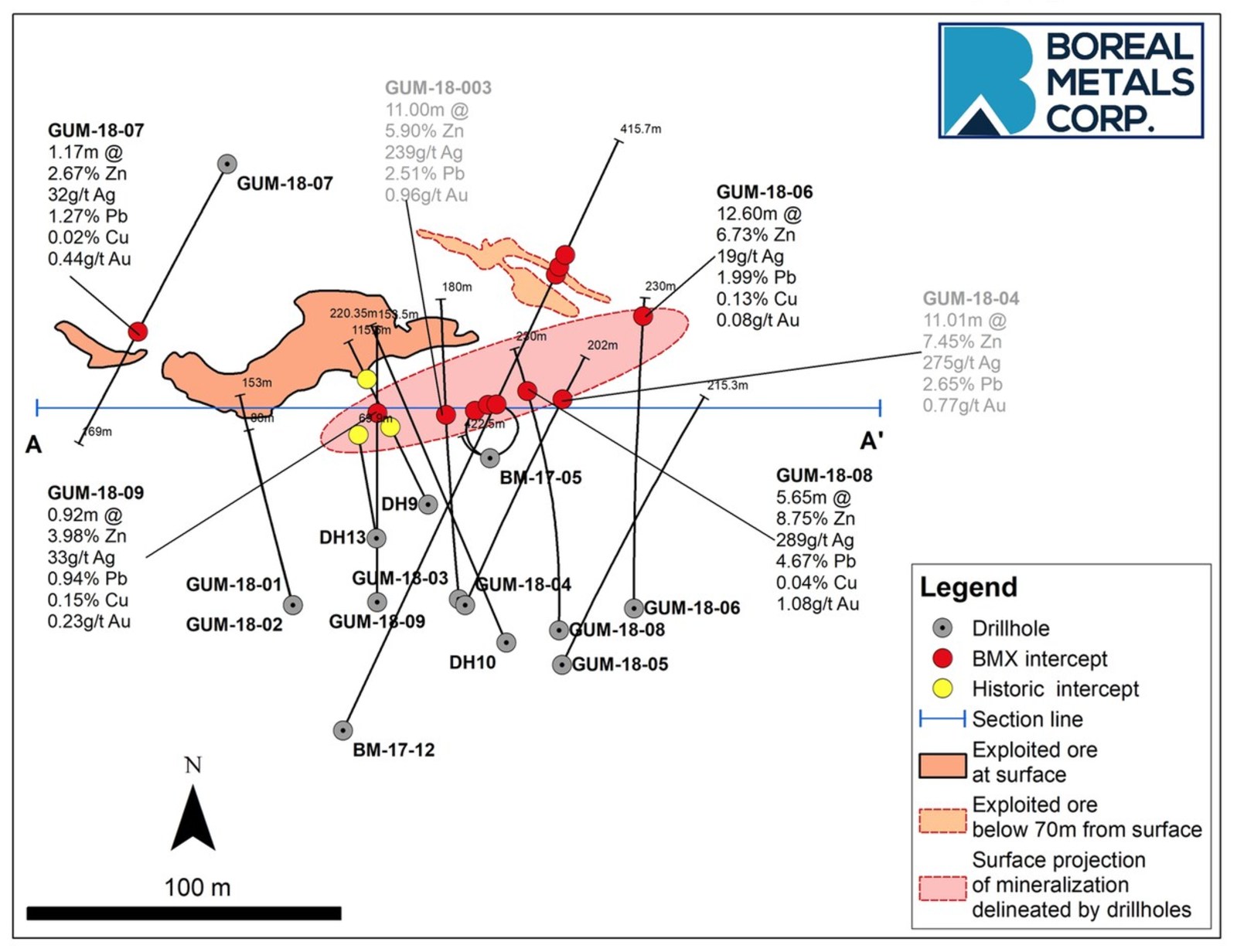 Figure 1 - Plan Drilling Map showing the distribution of drill intercepts at Östra Silvberg