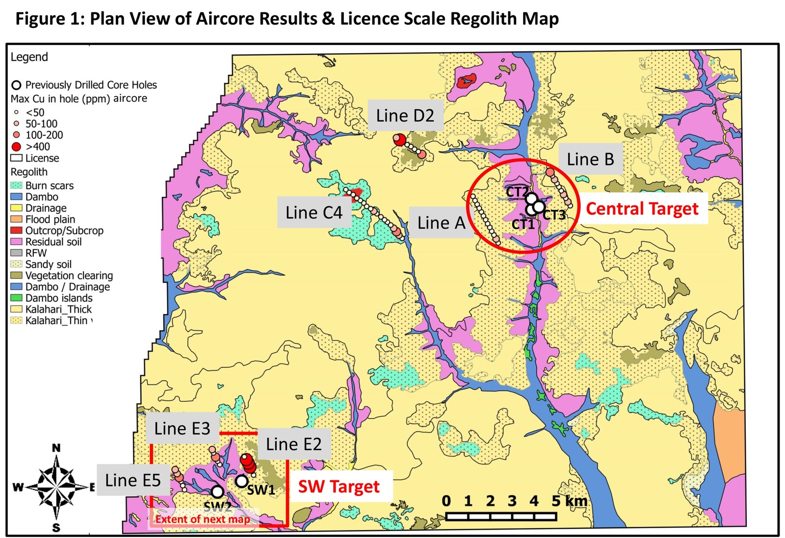 Figure 1. Plan View of Aircore Drilling Results & Licence Scale Regolith Map
