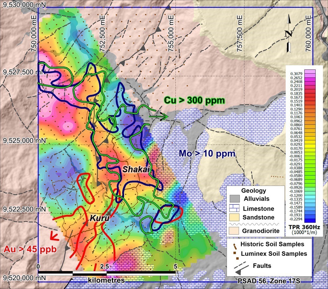 Figure 2. Contoured soil geochemistry overlain on airborne ZTEM data and with geology interpretation background and shaded topographic relief. (CNW Group/Luminex Resources Corp.)