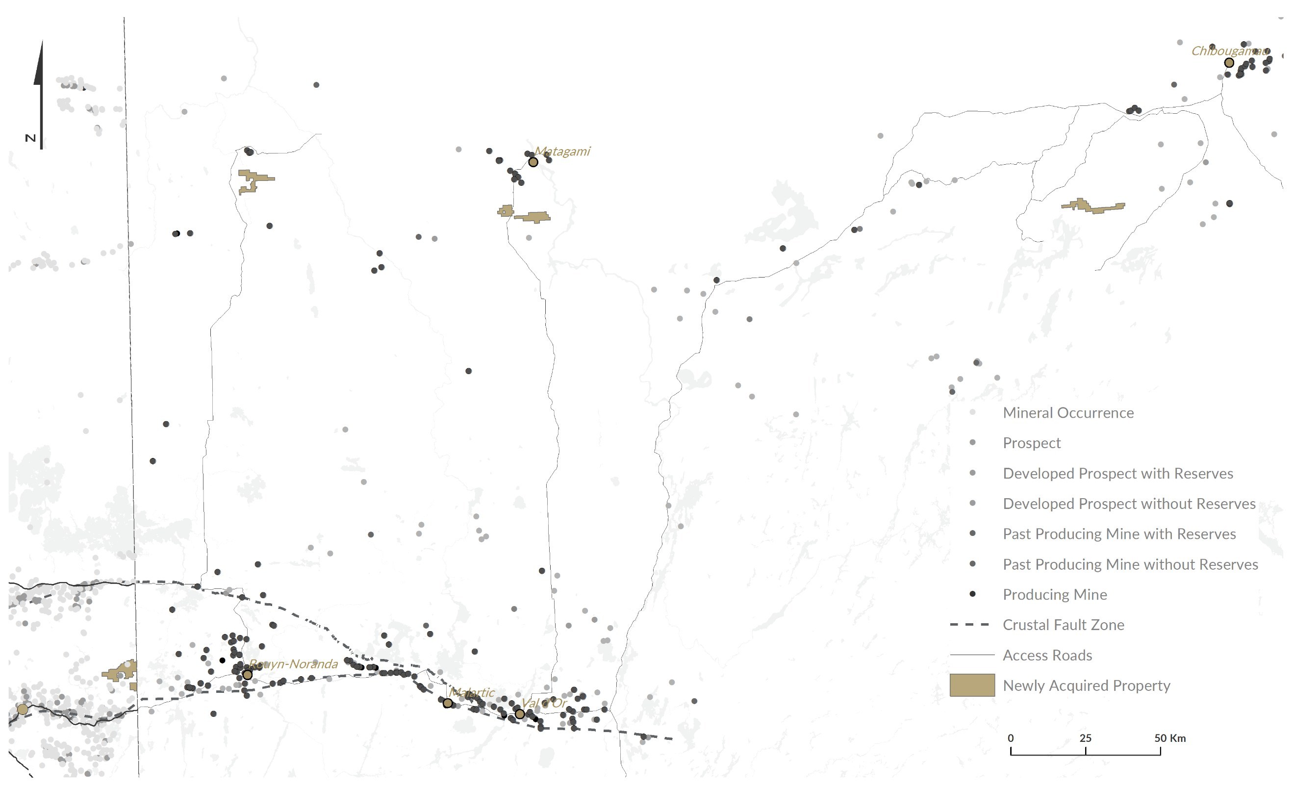 Figure 4: Newly acquired Larder Lake, Jamesie, SW Fenelon and Opawica claim blocks in northeastern Ontario and northwestern Quebec with mineral occurrences and major highways. (CNW Group/Trillium Gold Mines Inc.)