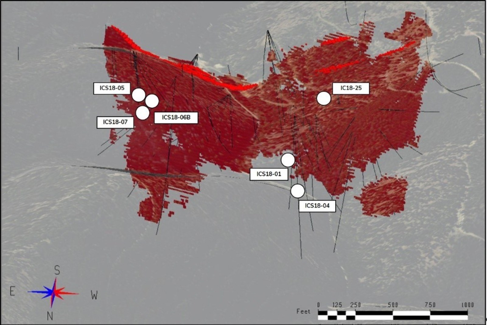 Figure 2. Pierce point locations of holes in this press release relative to the estimated >0.18% CoEq Inferred Resources. Diamond drill holes are shown in black. Topographic surface is shown for reference. View is azimuth 175 deg. and dip -33 deg.